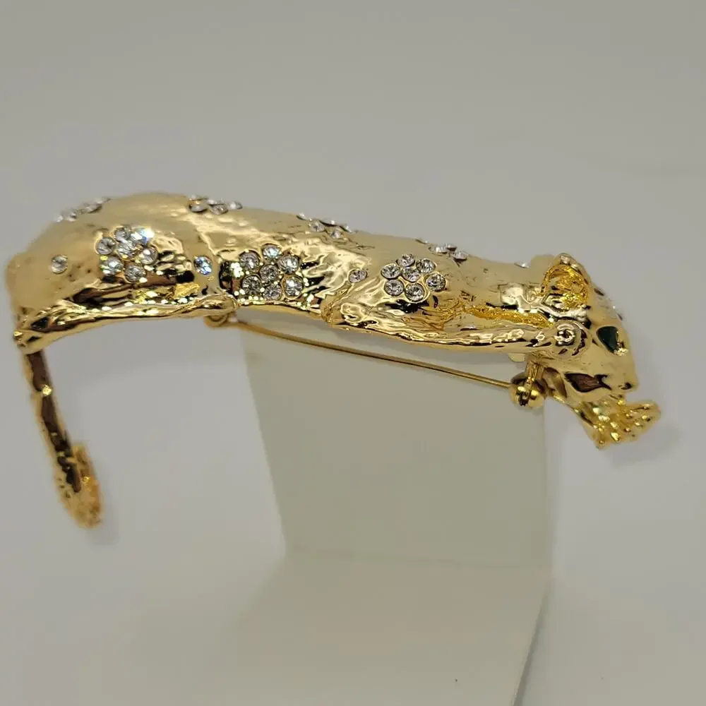 Vintage Gold-Tone Panther Brooch Green Rhinestone Eyes & Clear Rhinestones